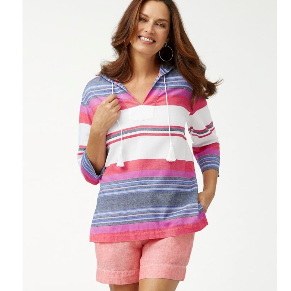 TOMMY BAHAMA Sunset Stripe Hoodie Popover Top - Size S
